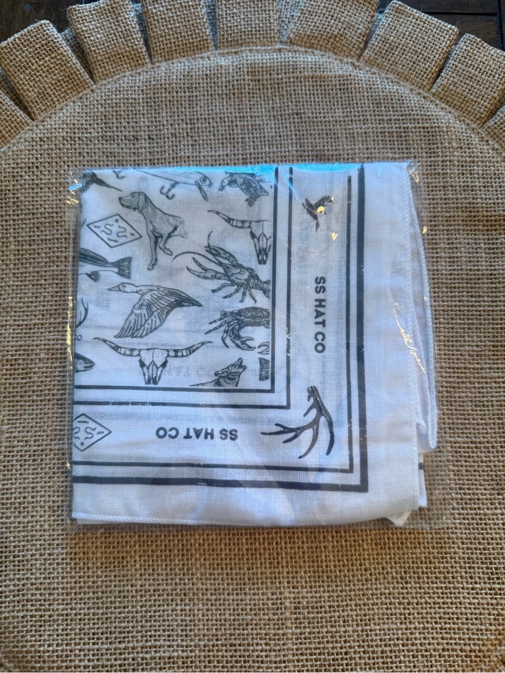 SS Hat Co White Cotton Pocket Square with Black Western Motif